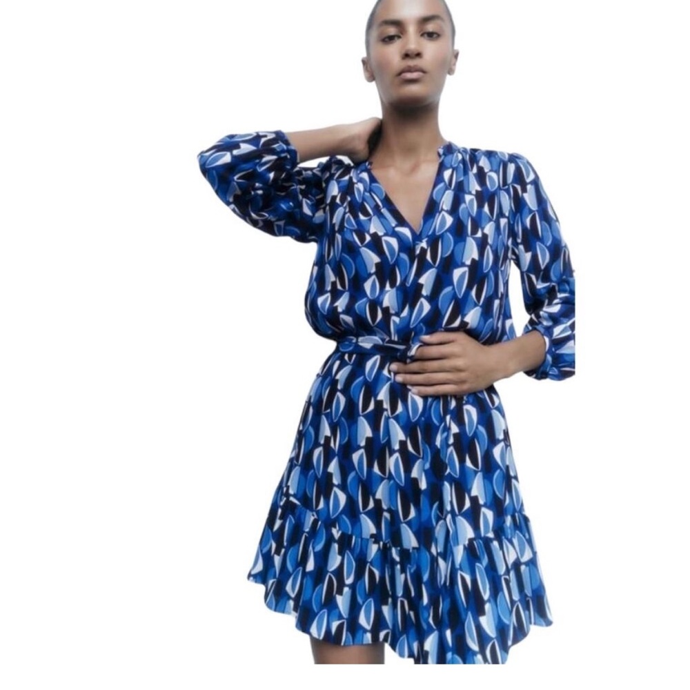 Zara Blue and White Patterned Mini Dress